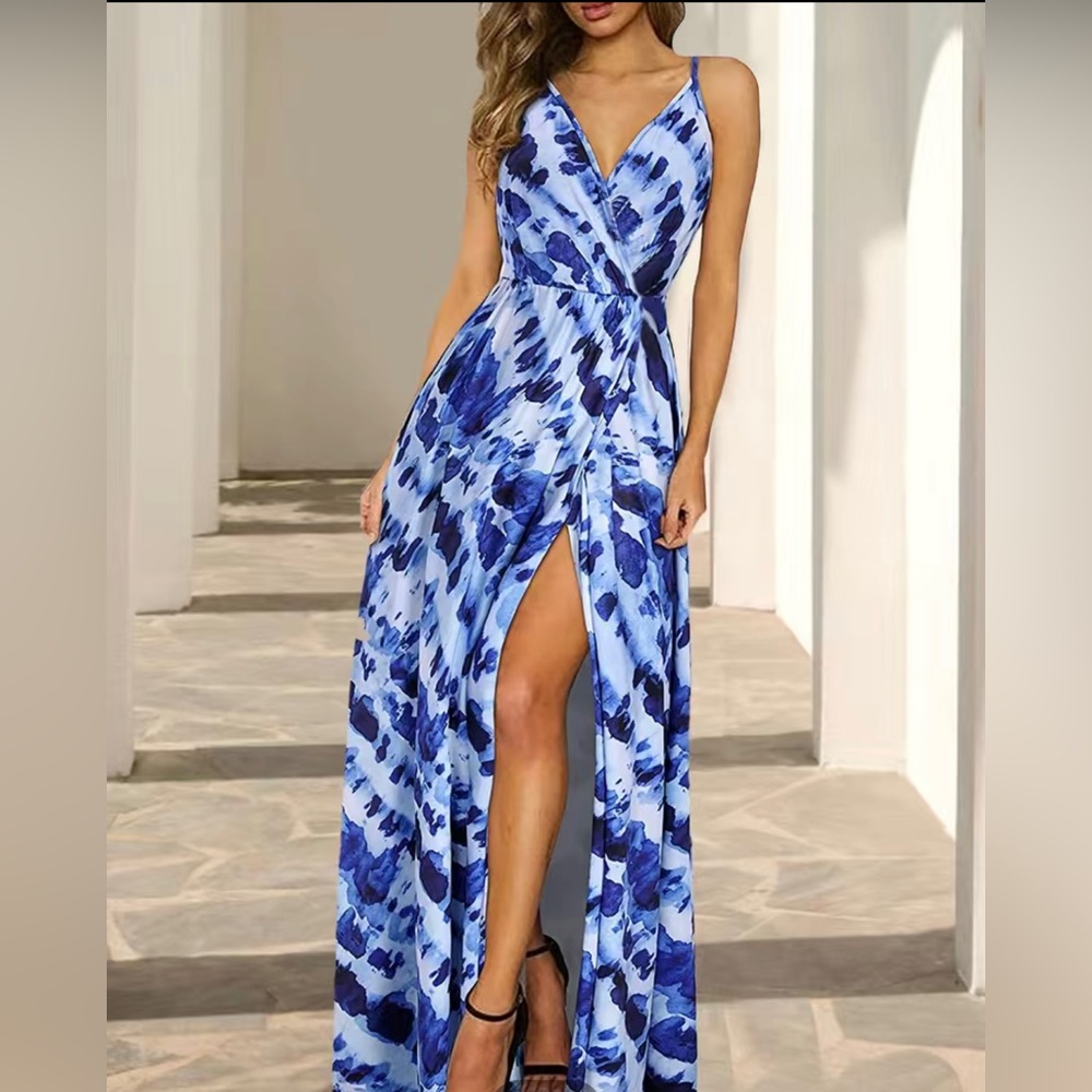 New V Neck Split Spaghetti Strap Maxi Dress,